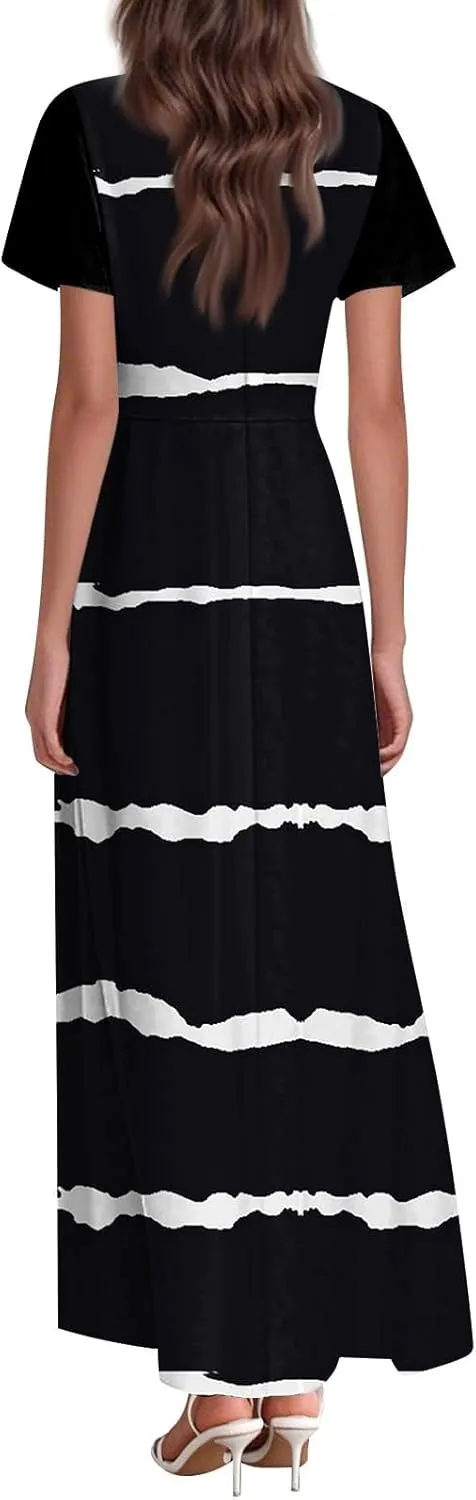 Boho Dresses for Women 2025 Elegant V Neck Short Sleeve Floral Graphic Maxi Dresses Summer Multi Styles Wedding Guest Dress