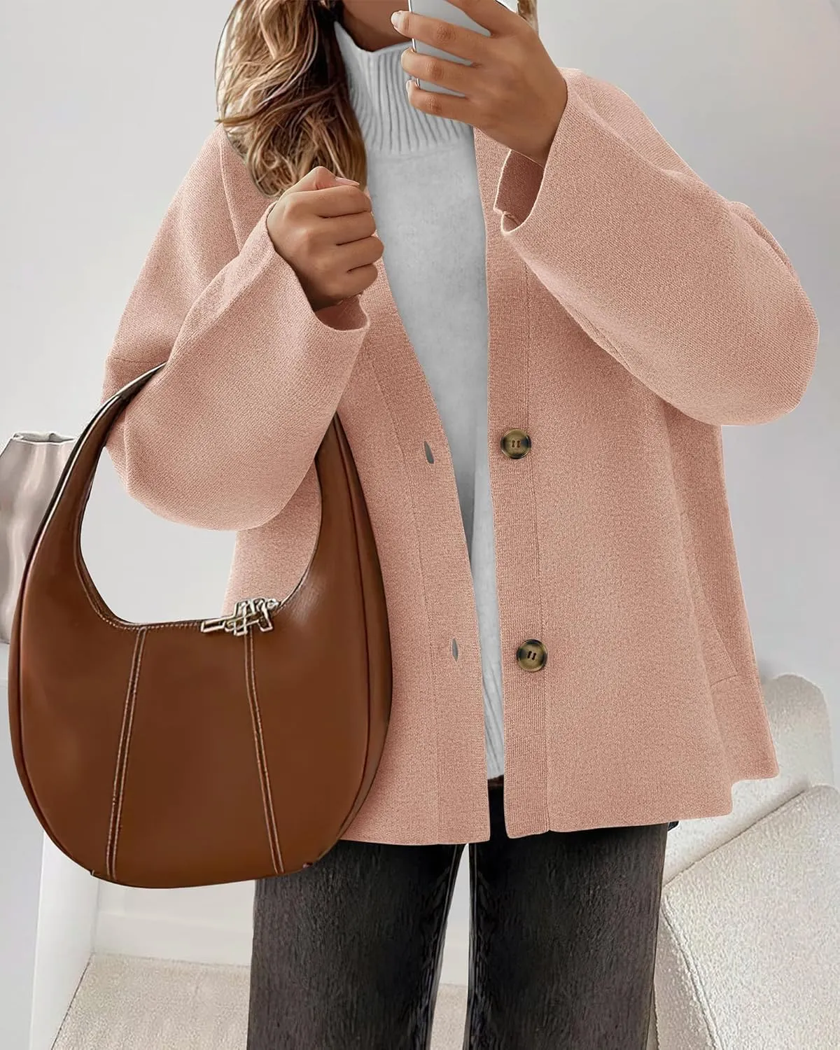 BTFBM Women's Long Sleeve Open Front Button Knit Cardigans Sweaters Loose Short Chunky Cardigan Coat Outerwear