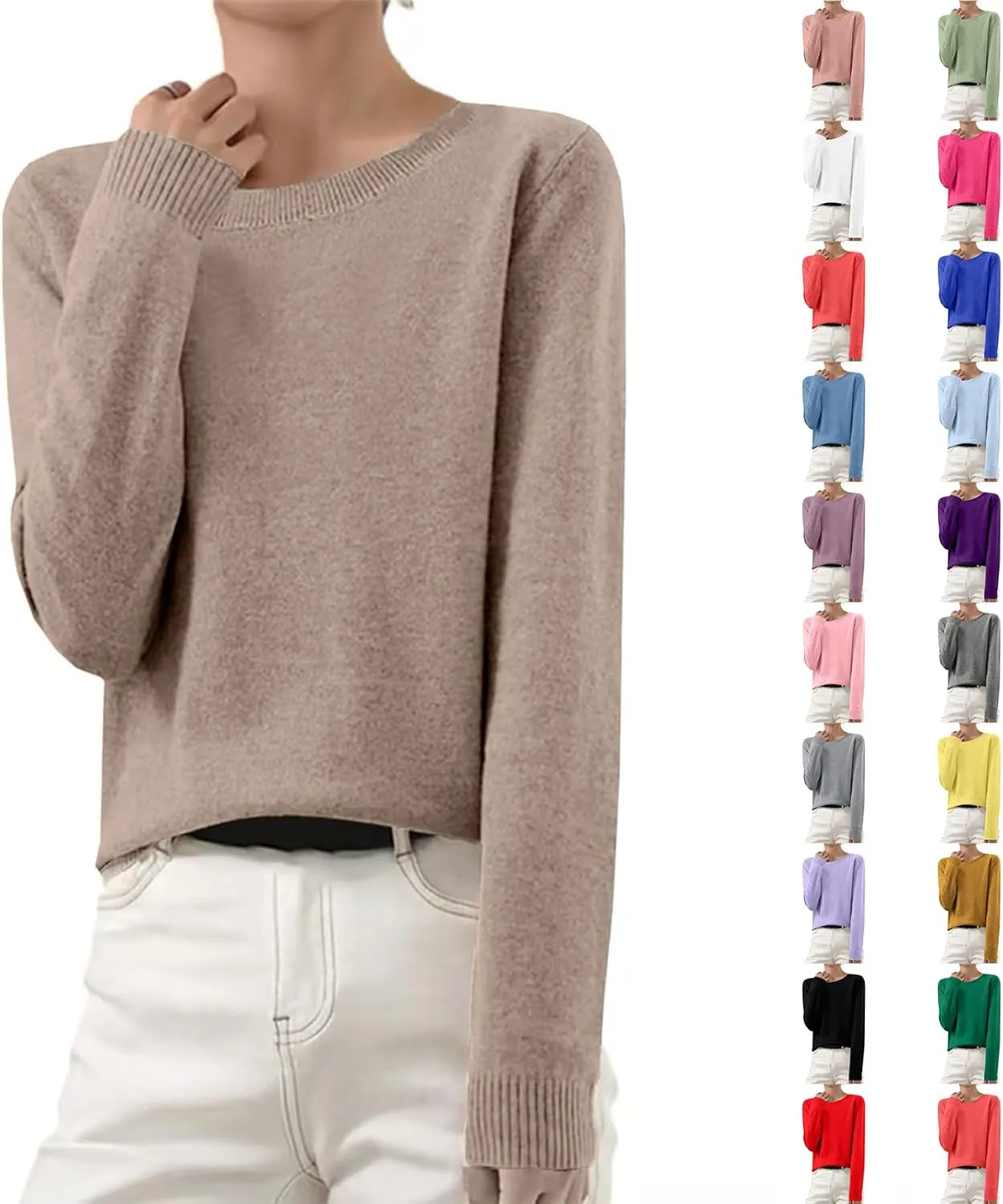 Cashmere Sweaters for Women Crewneck Long Sleeve Oversized Sweaters Trendy Ribbed Knit Cuffs Hem Tunic Sweaters Tops