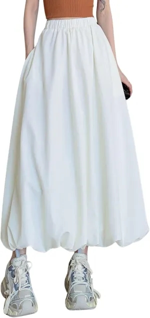 chouyatou Women's Retro Plaid Bubble Puffy Skirt High Elastic Waist A Line Swing Midi Long Skirt with Pockets