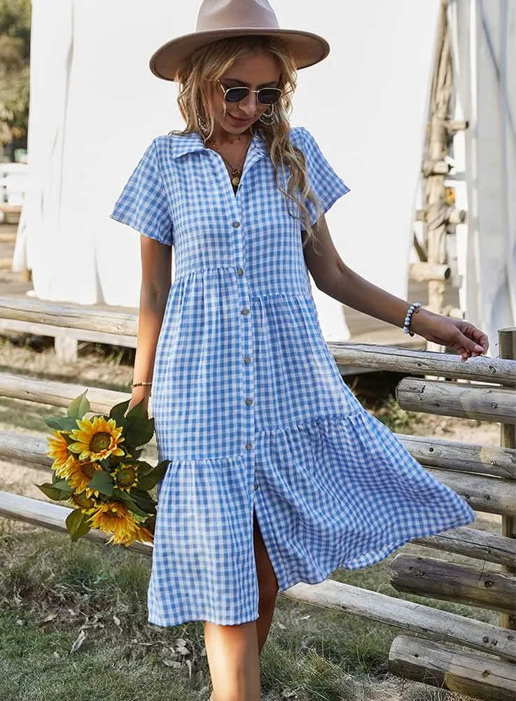 chouyatou Women's Summer Flutter Sleeve Midi Long Gingham Dress Plaid Button Down Shirt Dress