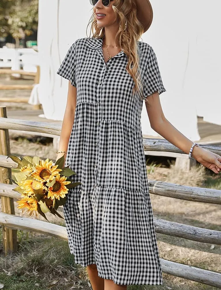 chouyatou Women's Summer Flutter Sleeve Midi Long Gingham Dress Plaid Button Down Shirt Dress
