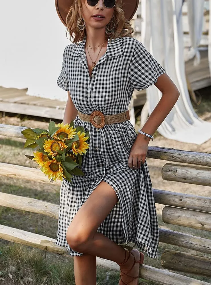 chouyatou Women's Summer Flutter Sleeve Midi Long Gingham Dress Plaid Button Down Shirt Dress