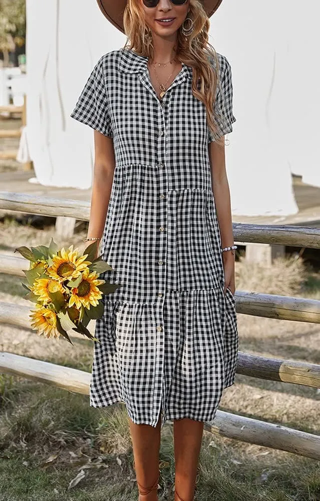 chouyatou Women's Summer Flutter Sleeve Midi Long Gingham Dress Plaid Button Down Shirt Dress