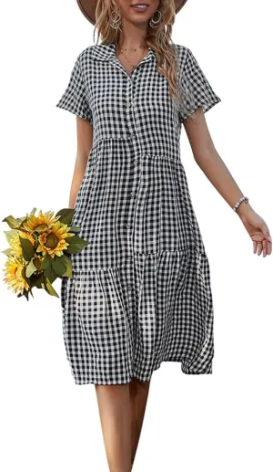 chouyatou Women's Summer Flutter Sleeve Midi Long Gingham Dress Plaid Button Down Shirt Dress