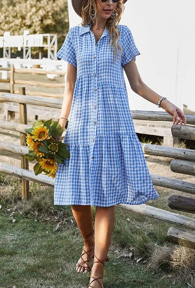 chouyatou Women's Summer Flutter Sleeve Midi Long Gingham Dress Plaid Button Down Shirt Dress