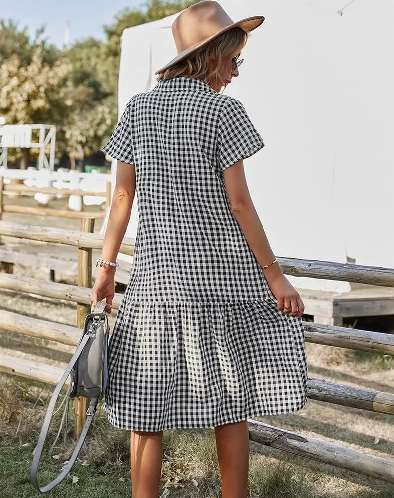 chouyatou Women's Summer Flutter Sleeve Midi Long Gingham Dress Plaid Button Down Shirt Dress
