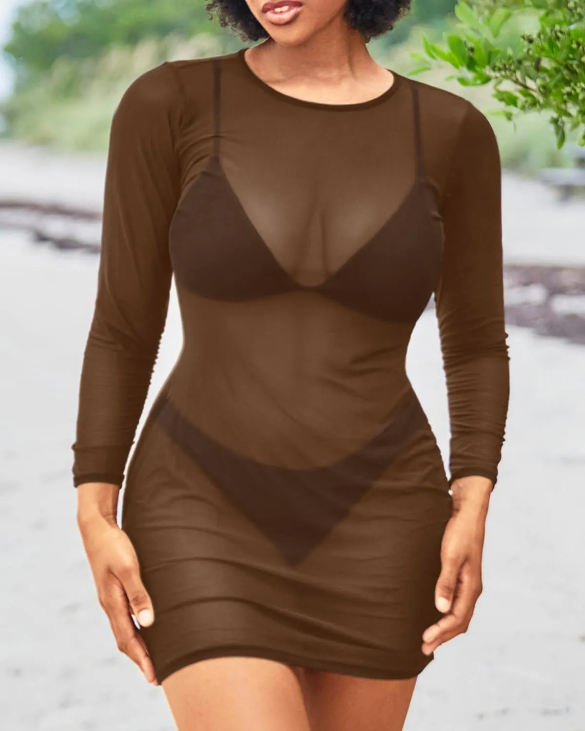 Daci Women's Sexy Sheer Mesh Swimsuit Cover up with Long Sleeves Beach Dress Bodycon Style
