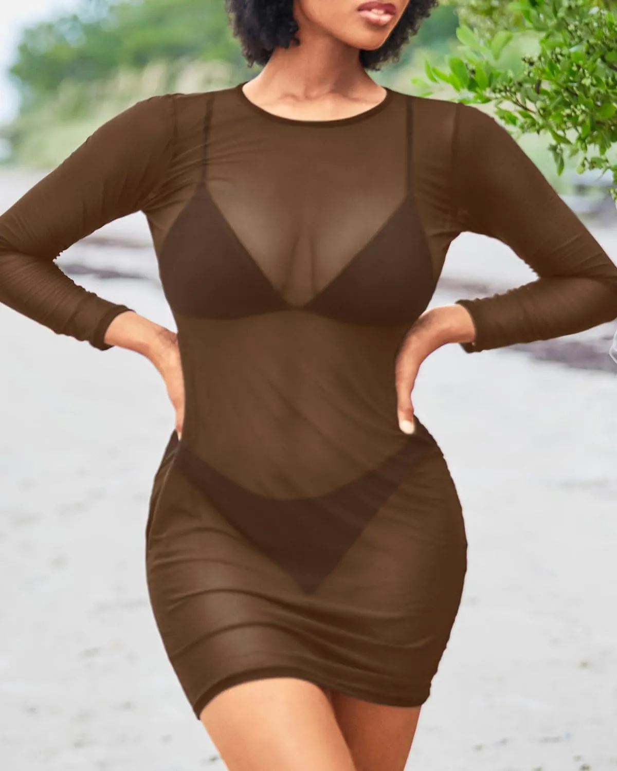 Daci Women's Sexy Sheer Mesh Swimsuit Cover up with Long Sleeves Beach Dress Bodycon Style