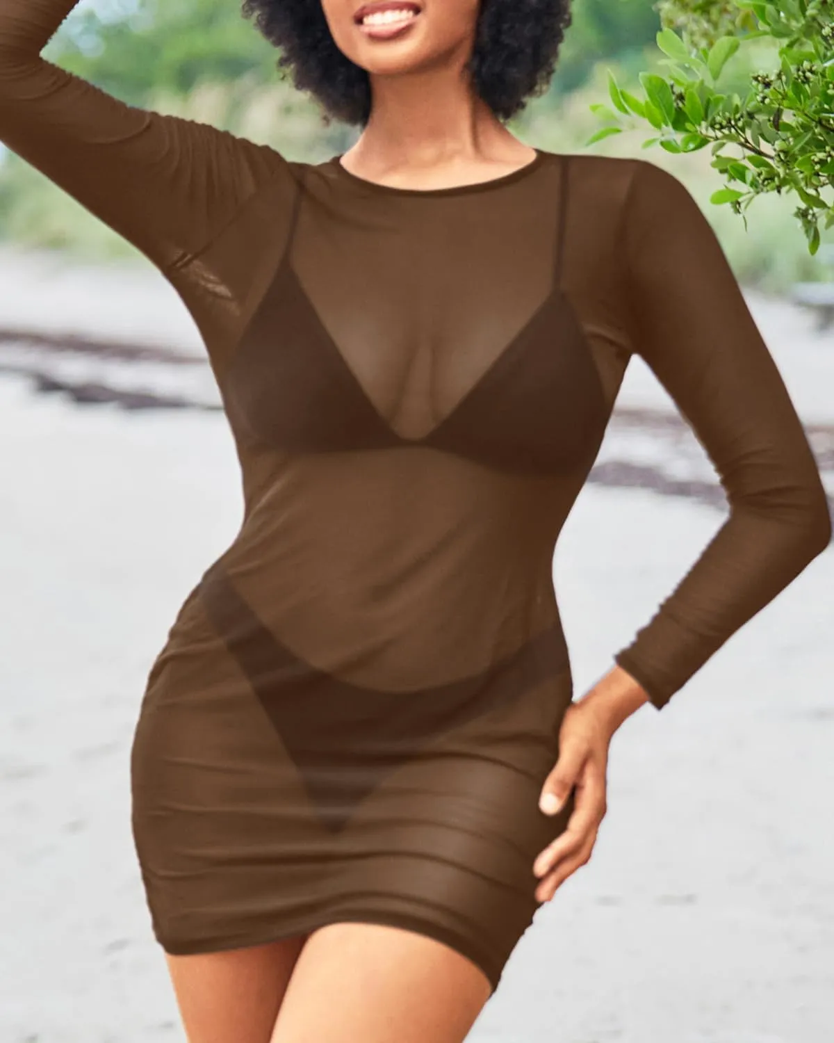 Daci Women's Sexy Sheer Mesh Swimsuit Cover up with Long Sleeves Beach Dress Bodycon Style