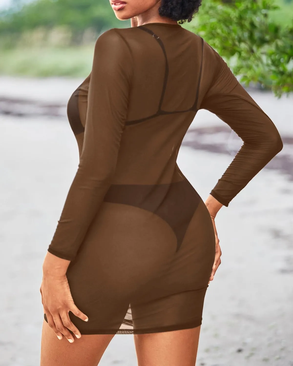 Daci Women's Sexy Sheer Mesh Swimsuit Cover up with Long Sleeves Beach Dress Bodycon Style