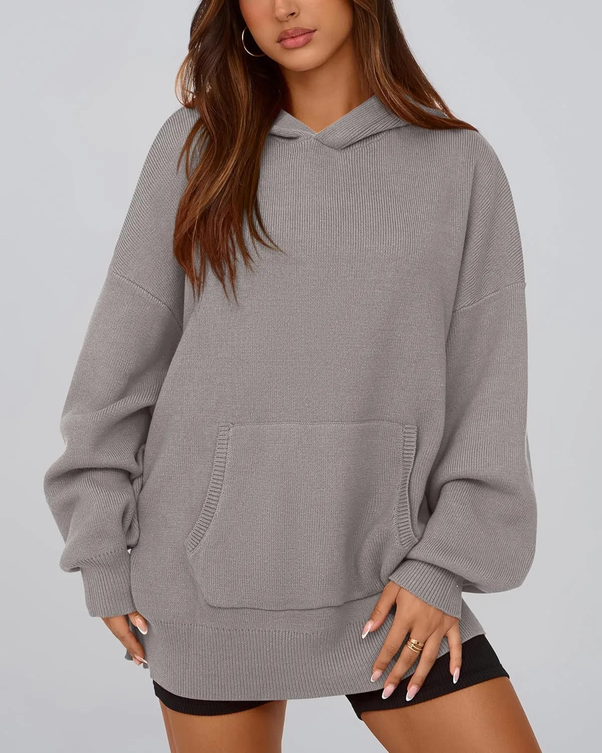 dowerme Women Oversized Sweaters 2025 Lantern Long Sleeve Drop Shoulder Chunky Knit Hooded Pullover Sweater with Pocket