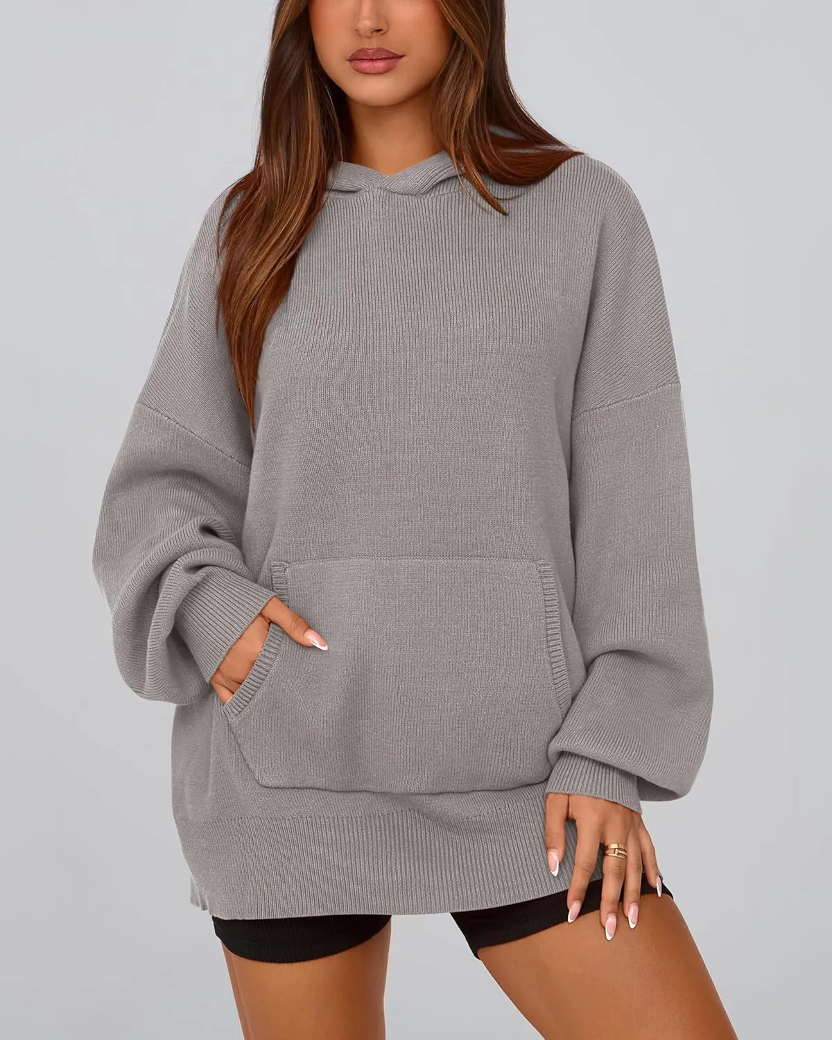 dowerme Women Oversized Sweaters 2025 Lantern Long Sleeve Drop Shoulder Chunky Knit Hooded Pullover Sweater with Pocket