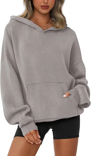 dowerme Women Oversized Sweaters 2025 Lantern Long Sleeve Drop Shoulder Chunky Knit Hooded Pullover Sweater with Pocket