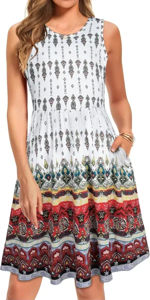 elescat Summer Dresses for Women Casual Sleeveless Tshirt Beach Flowy Tank Sundresses with Pockets