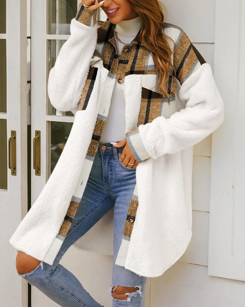FSHAOES Womens 2024 Winter Coats Fuzzy Fleece Long Jackets Plaid Shacket Button Down Shirts Lightweight Outwear Cardigan