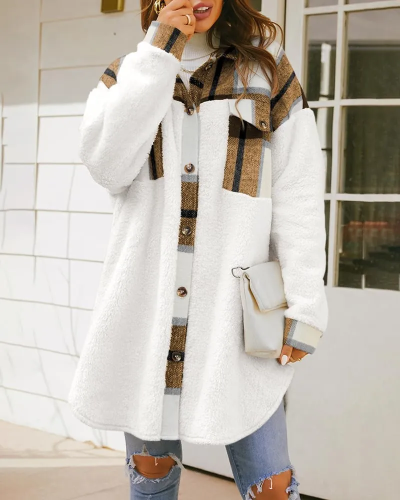 FSHAOES Womens 2024 Winter Coats Fuzzy Fleece Long Jackets Plaid Shacket Button Down Shirts Lightweight Outwear Cardigan