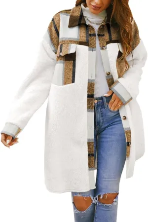 FSHAOES Womens 2024 Winter Coats Fuzzy Fleece Long Jackets Plaid Shacket Button Down Shirts Lightweight Outwear Cardigan