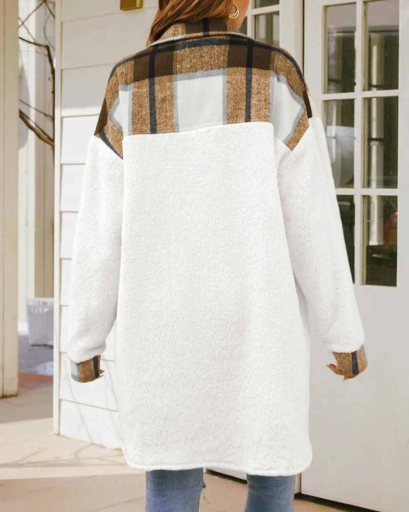 FSHAOES Womens 2024 Winter Coats Fuzzy Fleece Long Jackets Plaid Shacket Button Down Shirts Lightweight Outwear Cardigan