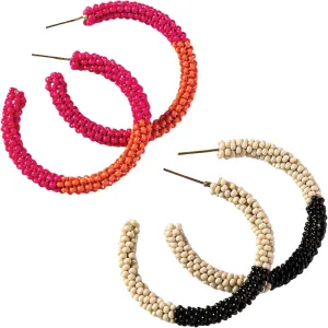 INK ALLOY Beaded Boho Hoop Earrings for Women, Cammy Color Block Seed Bead Statement Hoops, Hypoallergenic Handmade Jewelry for the Modern Bohemian, 1.25-Inch Length