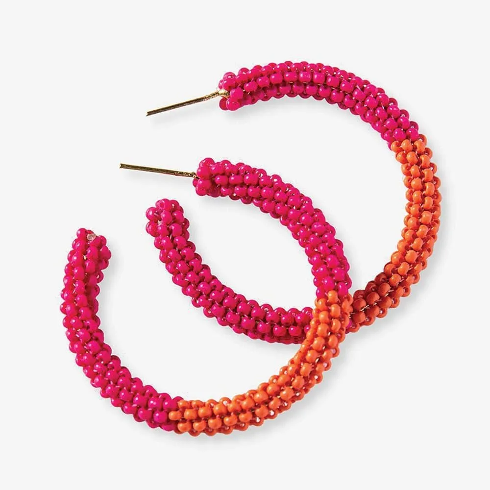 INK ALLOY Beaded Boho Hoop Earrings for Women, Cammy Color Block Seed Bead Statement Hoops, Hypoallergenic Handmade Jewelry for the Modern Bohemian, 1.25-Inch Length