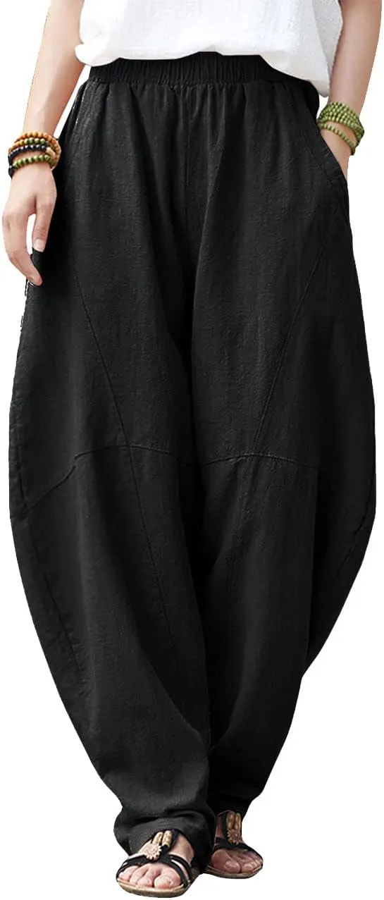 IXIMO Women's Cotton Linen Pants Casual Elastic Waist Lantern Slacks Loose Fit Baggy Patchwork Trousers