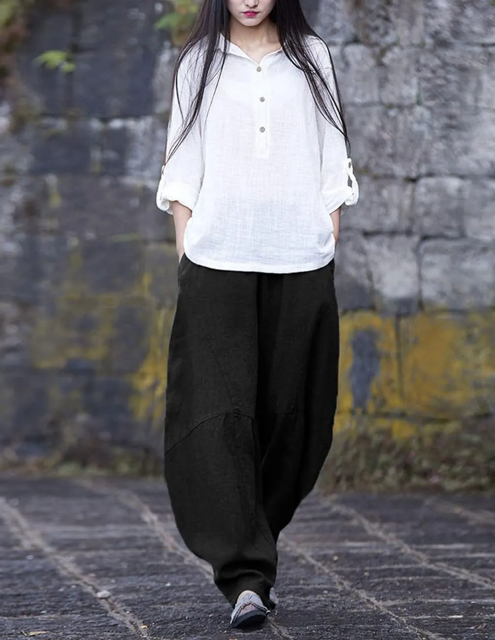 IXIMO Women's Cotton Linen Pants Casual Elastic Waist Lantern Slacks Loose Fit Baggy Patchwork Trousers