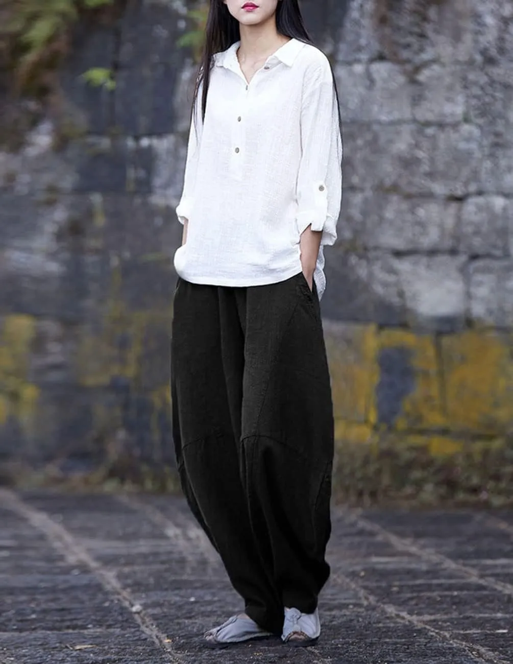 IXIMO Women's Cotton Linen Pants Casual Elastic Waist Lantern Slacks Loose Fit Baggy Patchwork Trousers