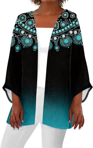 Kimonos for Women Plus Size Lightweight Floral Printed Tops Dressy Casual 3/4 Sleeve Summer Cardigan