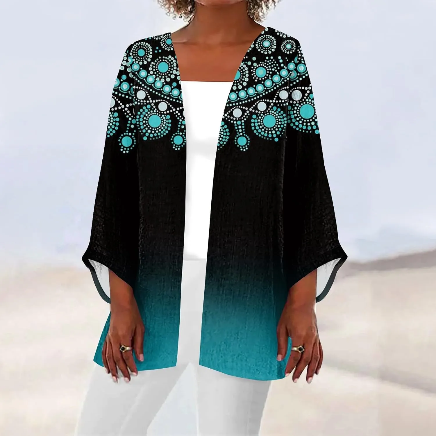 Kimonos for Women Plus Size Lightweight Floral Printed Tops Dressy Casual 3/4 Sleeve Summer Cardigan