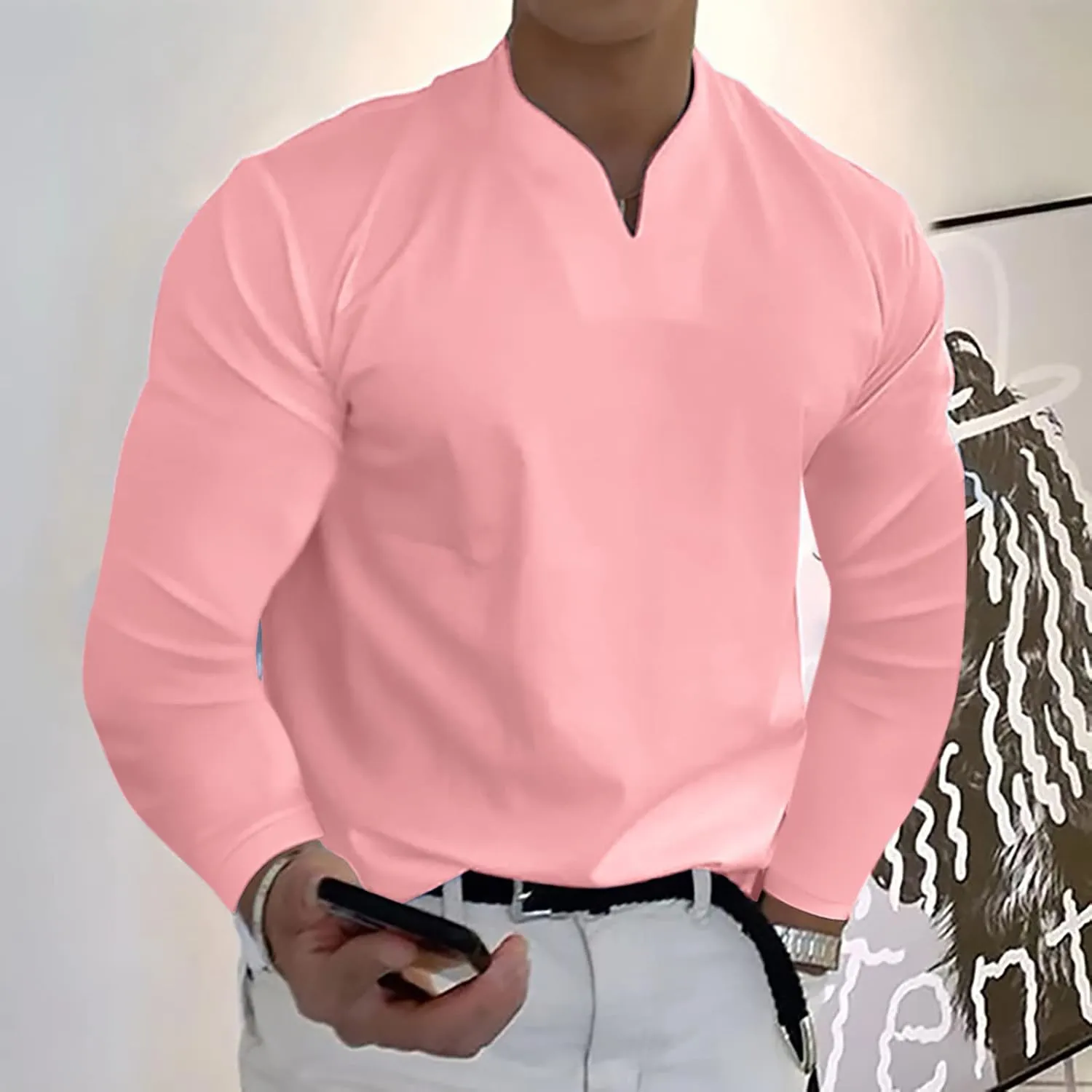 Long Sleeve Shirts for Men Plus Size V-Neck Shirts Oversized Solid Shirts Casual Stylish Loose Fit Fall Shirts
