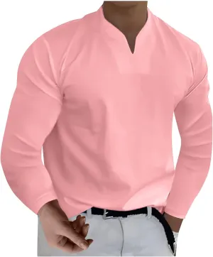 Long Sleeve Shirts for Men Plus Size V-Neck Shirts Oversized Solid Shirts Casual Stylish Loose Fit Fall Shirts