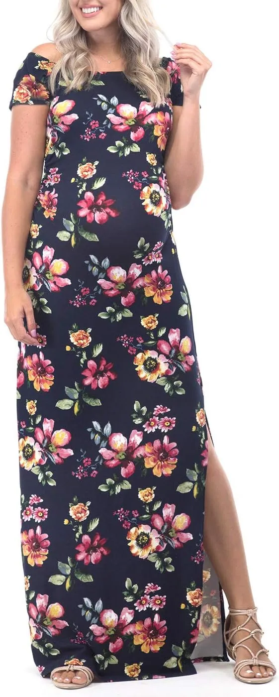 Mother Bee Maternity Short Sleeve Ruched Side Bodycon Dress with Side Slit