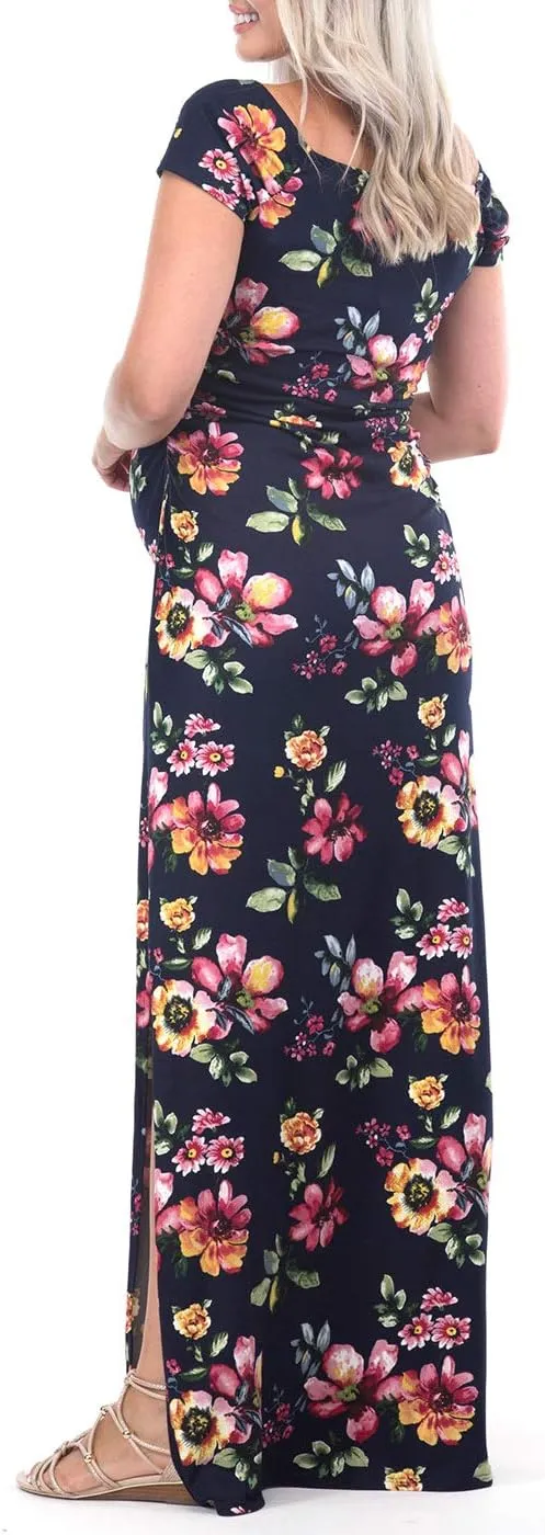 Mother Bee Maternity Short Sleeve Ruched Side Bodycon Dress with Side Slit