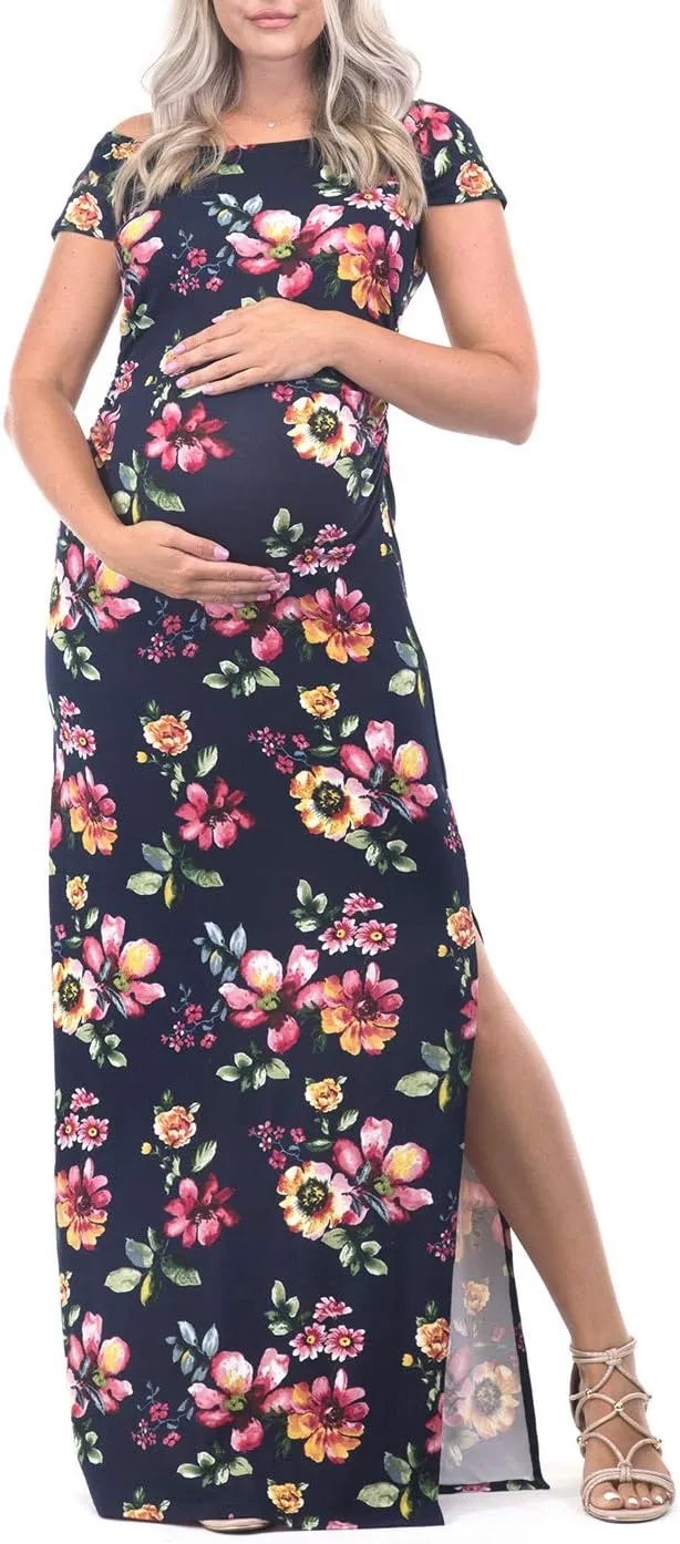 Mother Bee Maternity Short Sleeve Ruched Side Bodycon Dress with Side Slit