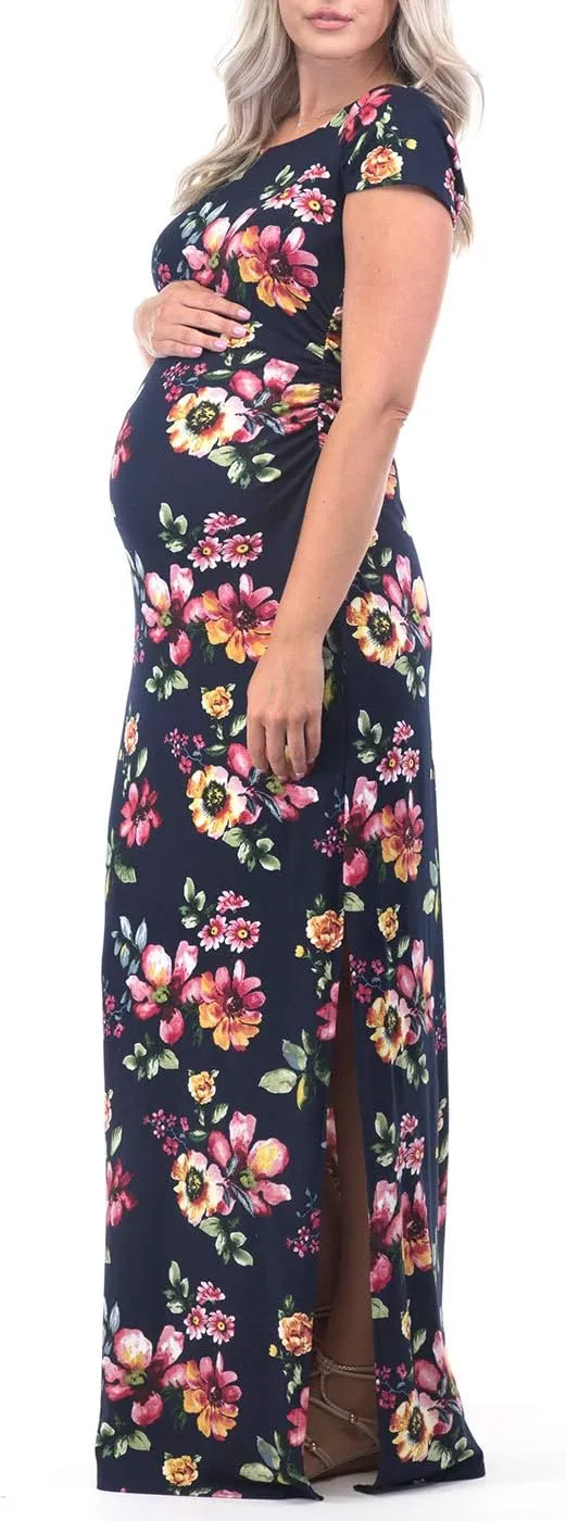 Mother Bee Maternity Short Sleeve Ruched Side Bodycon Dress with Side Slit