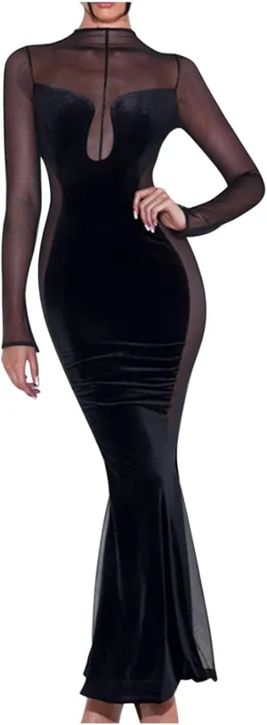 Night Dress for Women Party Sexy Mesh See Through Long Sleeve Dress Elegant Bodycon Tunic Long Mermaid Dress