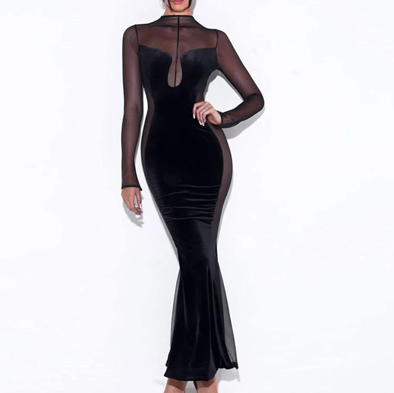 Night Dress for Women Party Sexy Mesh See Through Long Sleeve Dress Elegant Bodycon Tunic Long Mermaid Dress