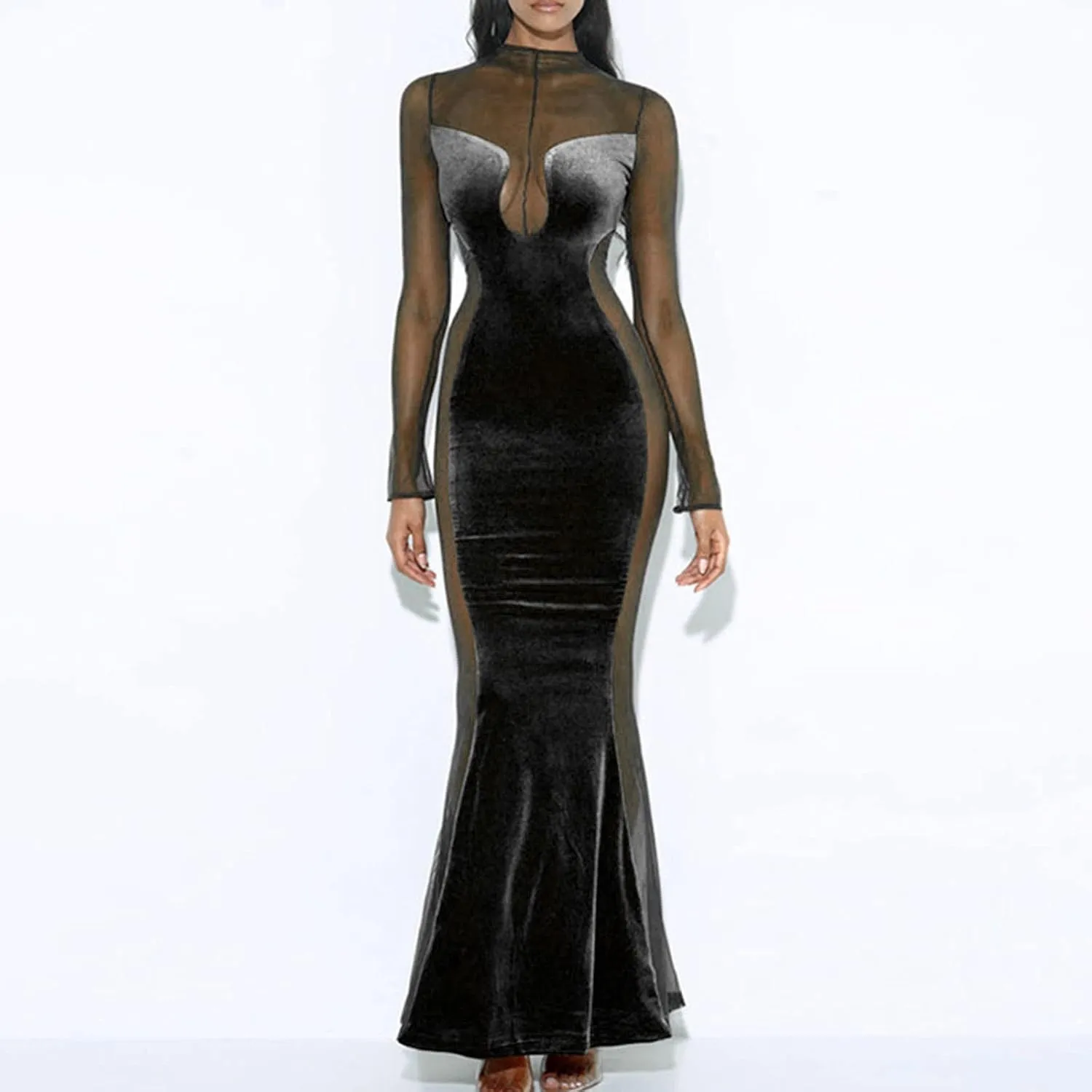 Night Dress for Women Party Sexy Mesh See Through Long Sleeve Dress Elegant Bodycon Tunic Long Mermaid Dress