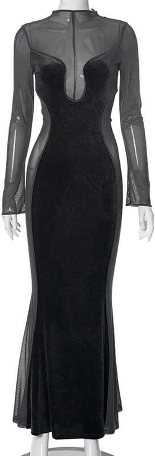 Night Dress for Women Party Sexy Mesh See Through Long Sleeve Dress Elegant Bodycon Tunic Long Mermaid Dress