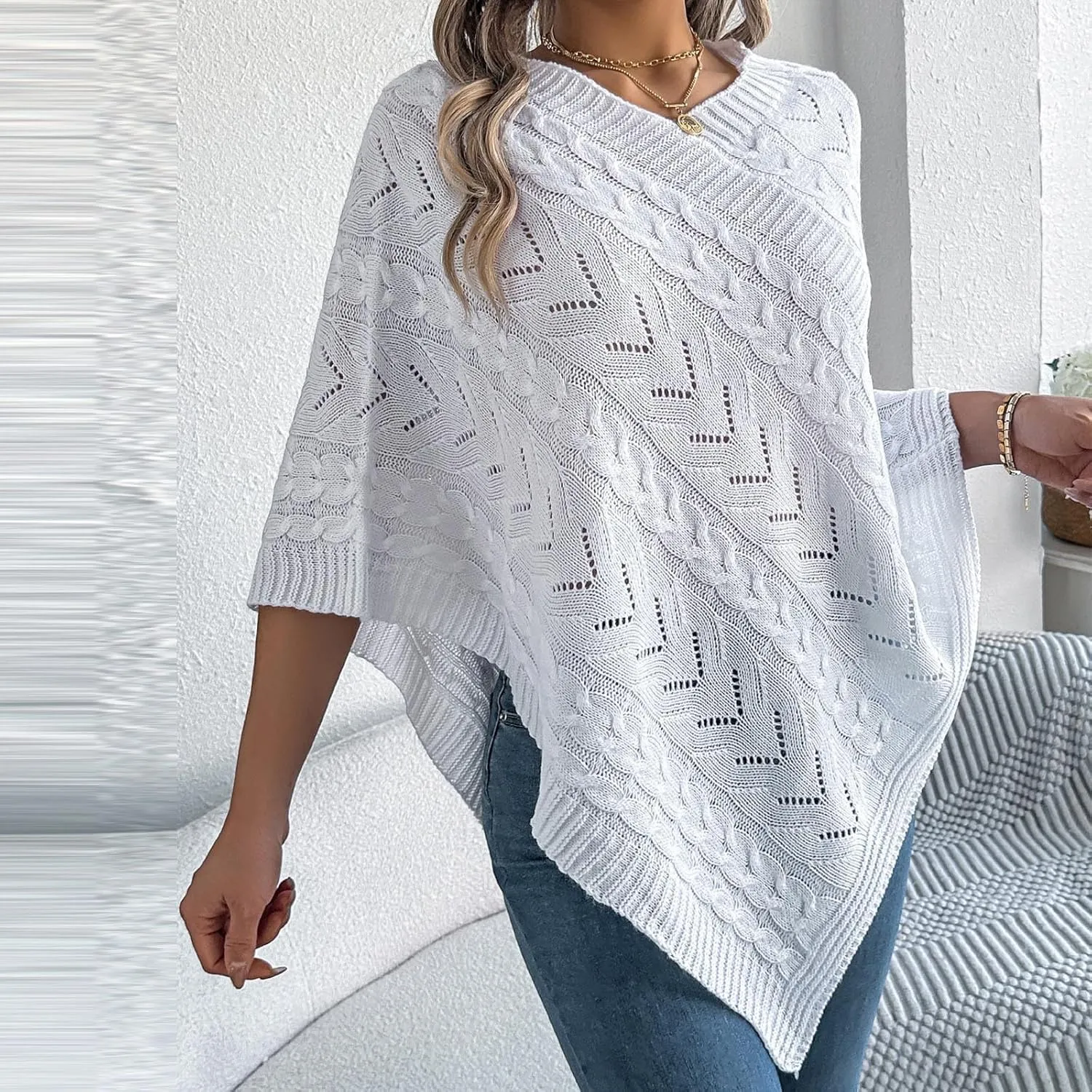 Poncho Knitted Cape Shawl Wrap Cardigan for Women Elegant Wrap V Neck Cable Knit Hollow Out Pullover Sweater Jumper Top