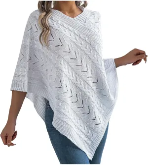 Poncho Knitted Cape Shawl Wrap Cardigan for Women Elegant Wrap V Neck Cable Knit Hollow Out Pullover Sweater Jumper Top