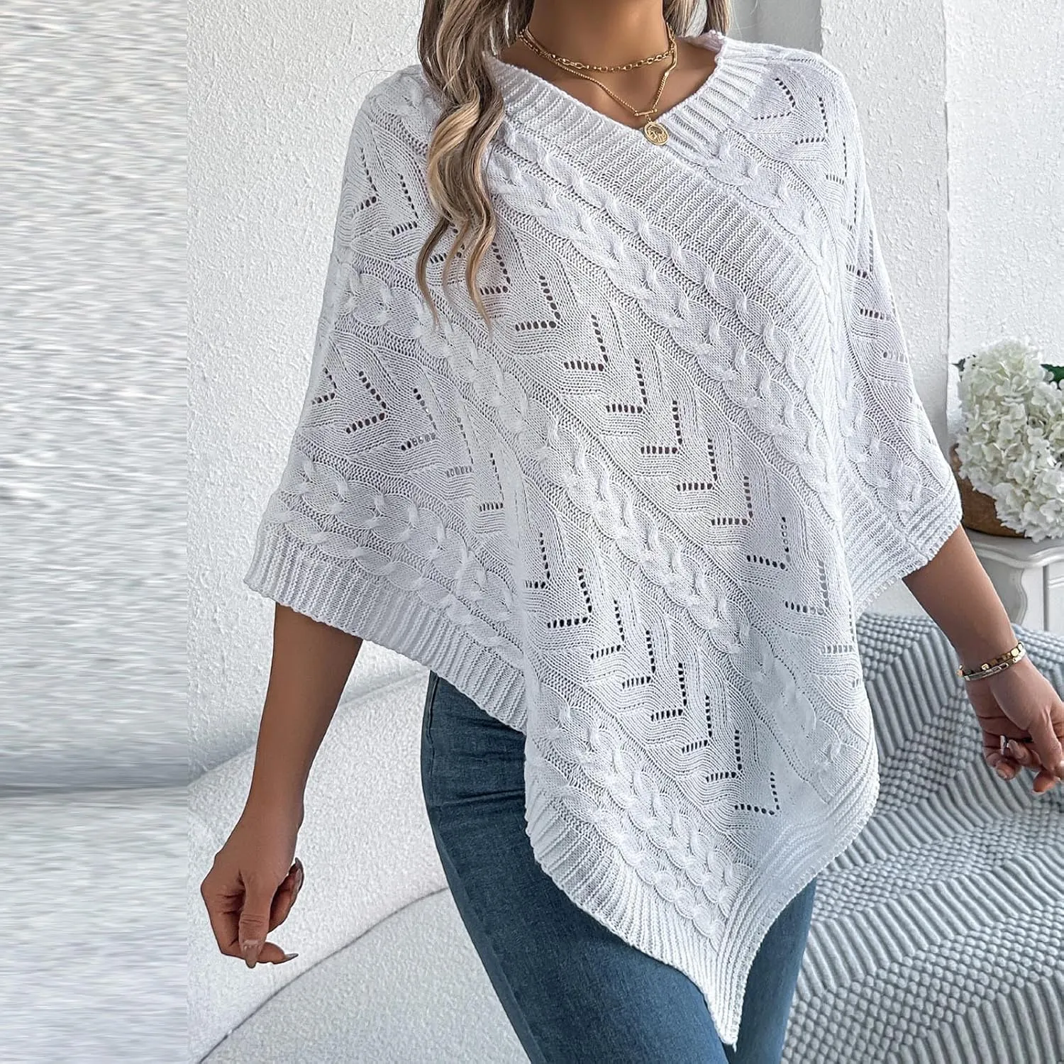 Poncho Knitted Cape Shawl Wrap Cardigan for Women Elegant Wrap V Neck Cable Knit Hollow Out Pullover Sweater Jumper Top