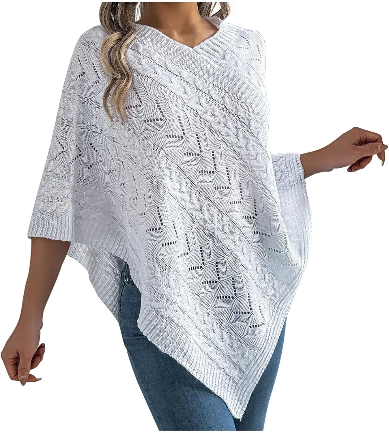 Poncho Knitted Cape Shawl Wrap Cardigan for Women Elegant Wrap V Neck Cable Knit Hollow Out Pullover Sweater Jumper Top
