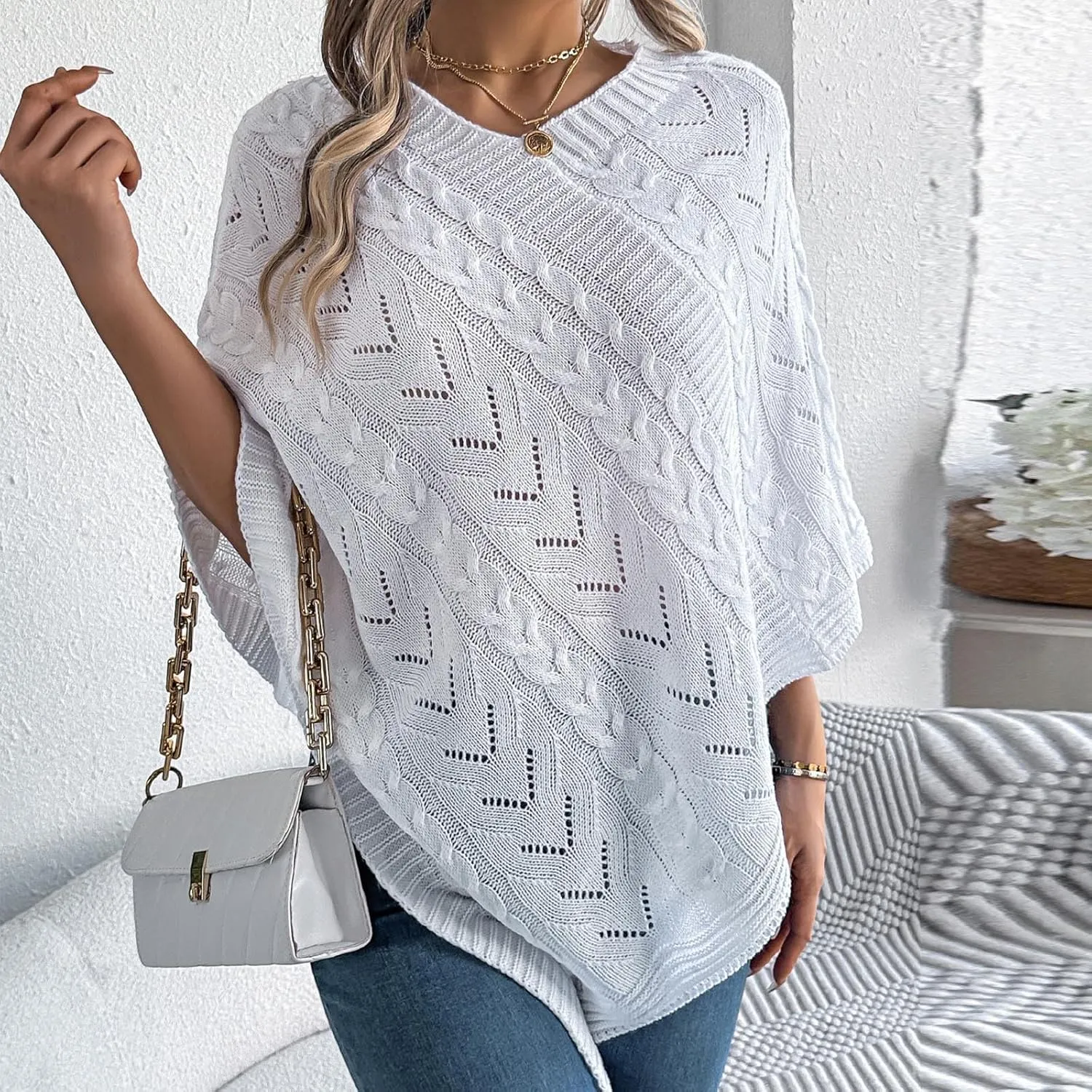 Poncho Knitted Cape Shawl Wrap Cardigan for Women Elegant Wrap V Neck Cable Knit Hollow Out Pullover Sweater Jumper Top