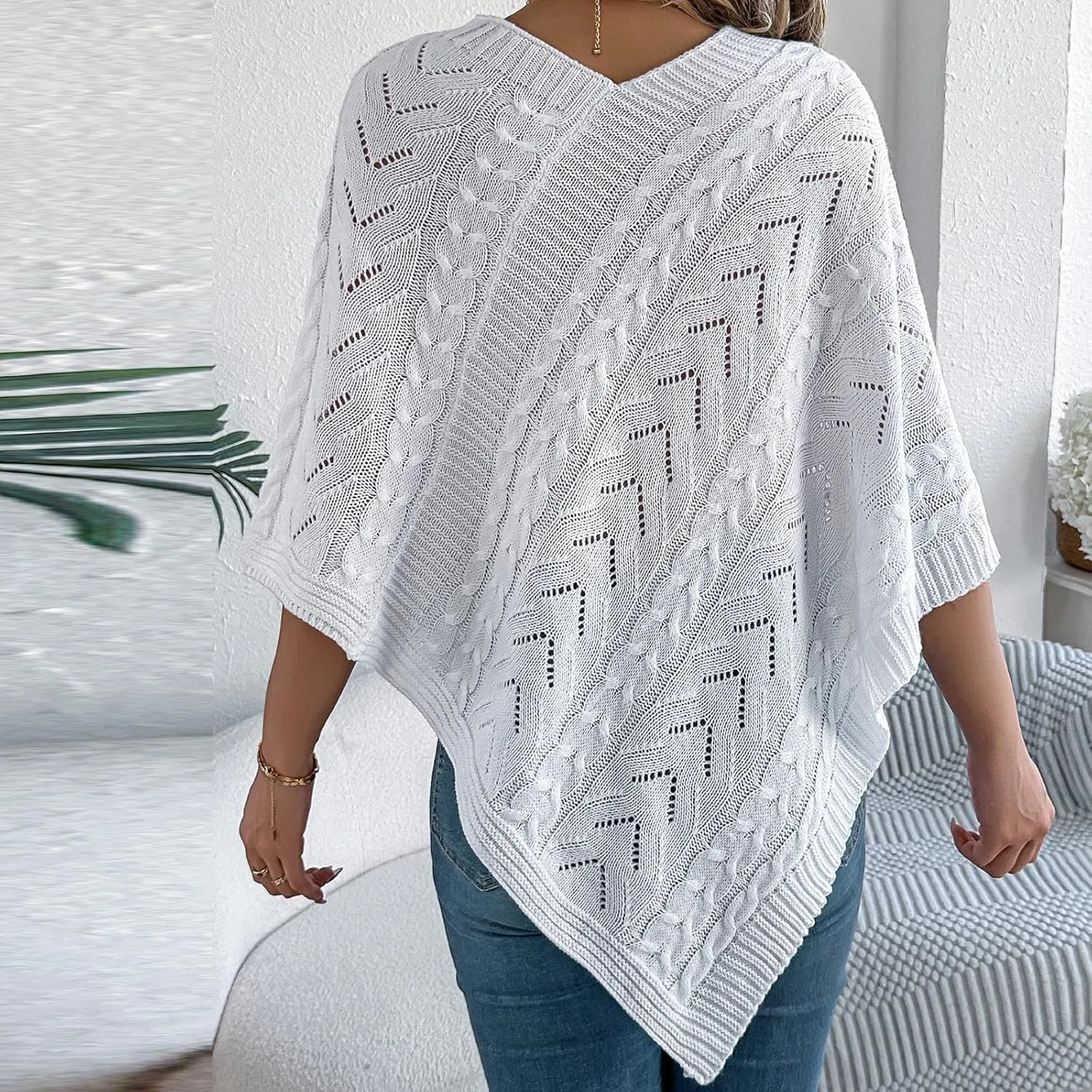 Poncho Knitted Cape Shawl Wrap Cardigan for Women Elegant Wrap V Neck Cable Knit Hollow Out Pullover Sweater Jumper Top
