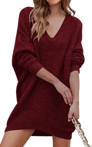 PRETTYGARDEN Women's Pullover Sweater Dress Casual Long Sleeve Ribbed Knit V Neck Loose Oversized Sweaters Dresses