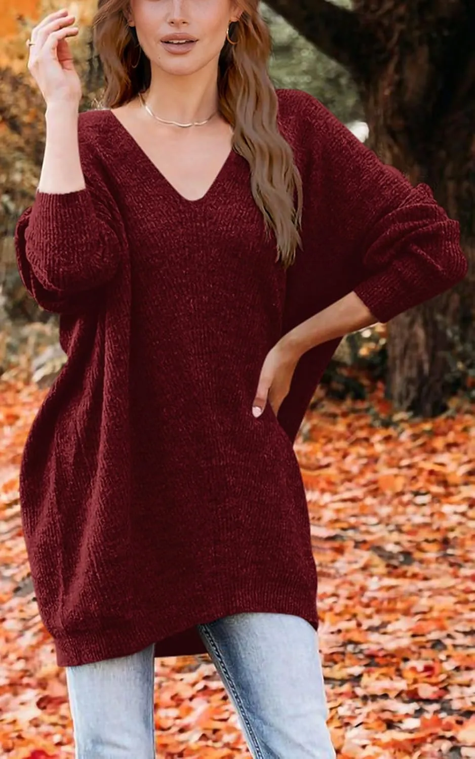 PRETTYGARDEN Women's Pullover Sweater Dress Casual Long Sleeve Ribbed Knit V Neck Loose Oversized Sweaters Dresses