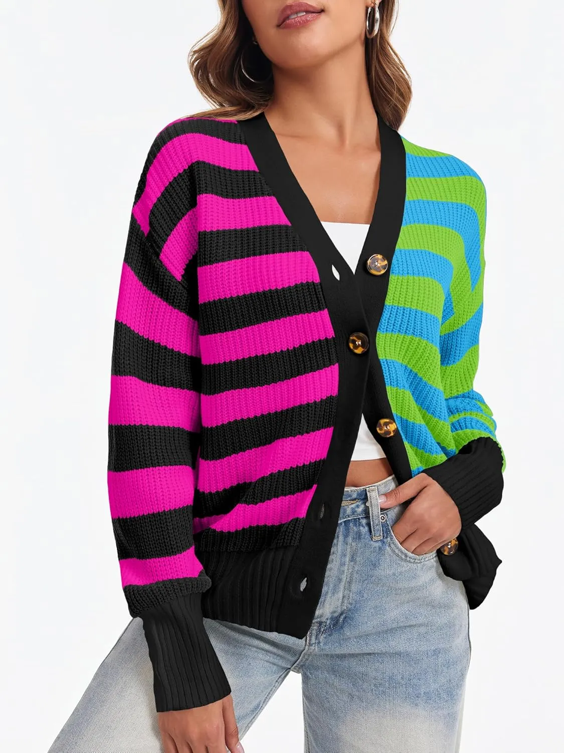 Saodimallsu Womens Striped Cardigans Color Block Button V Neck Open Front Ribbed Knit Loose Trendy Sweater Coats