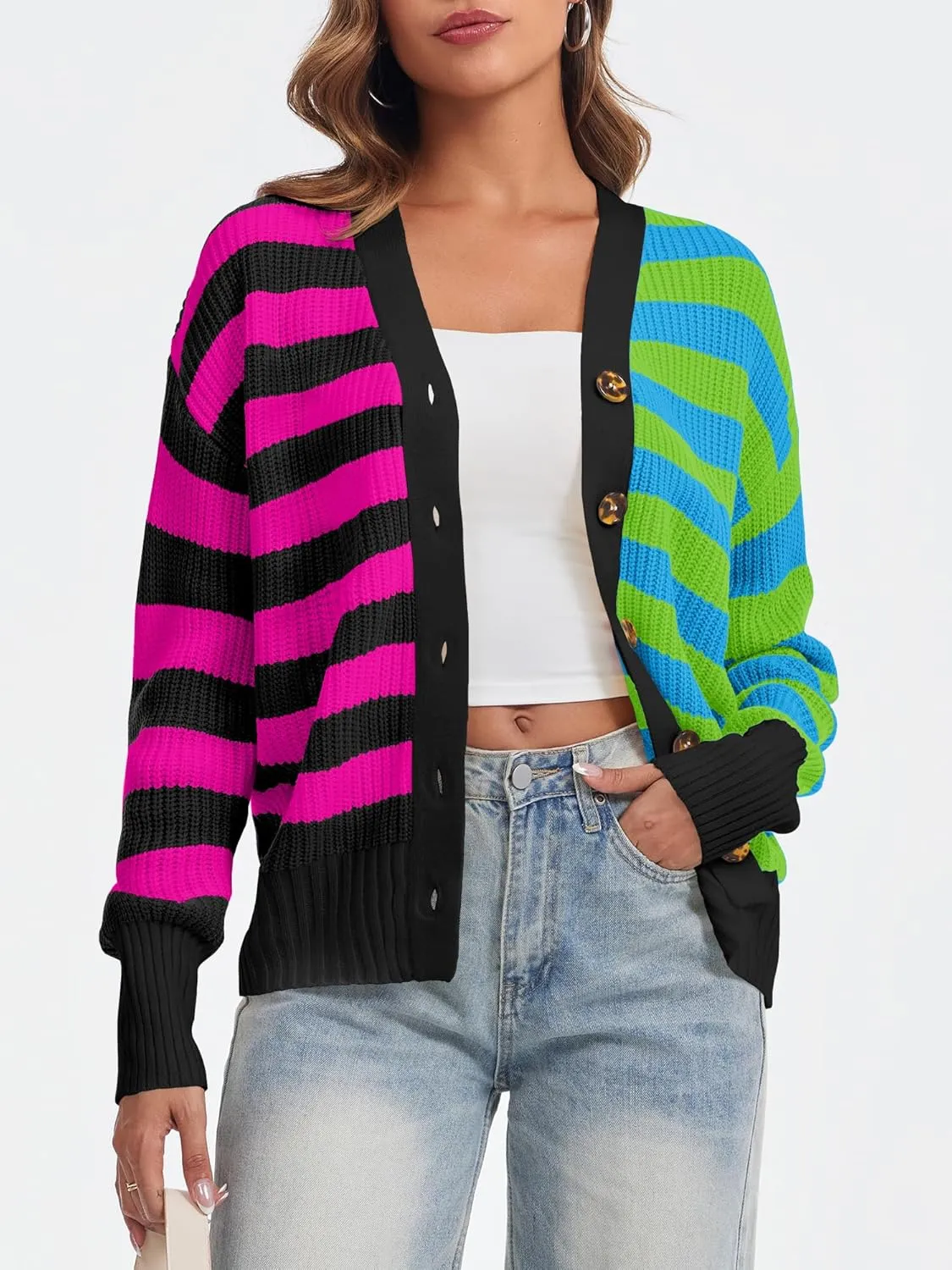 Saodimallsu Womens Striped Cardigans Color Block Button V Neck Open Front Ribbed Knit Loose Trendy Sweater Coats